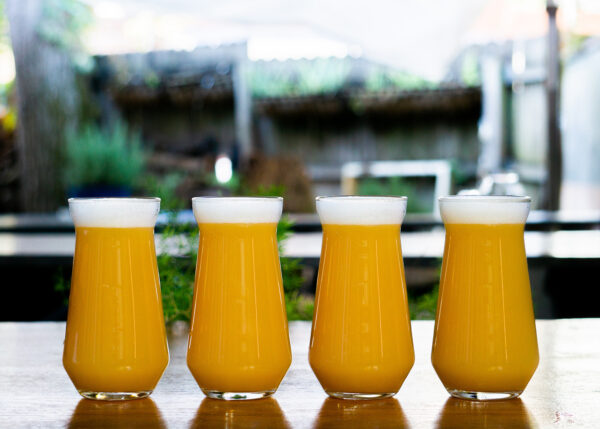 Hazy glasses on a bar